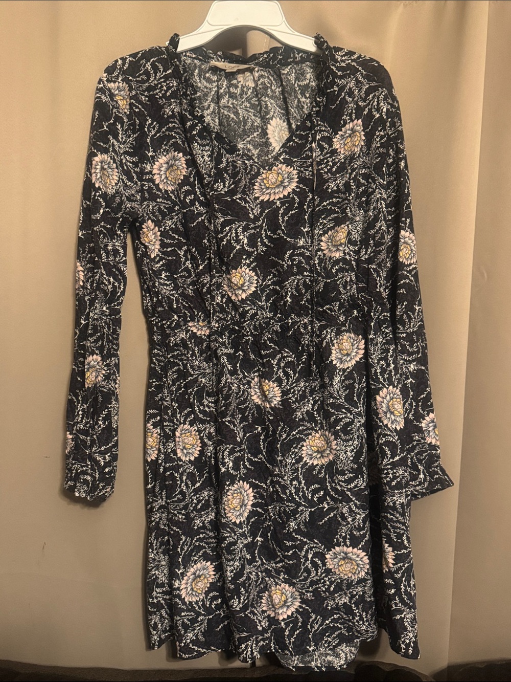 LOFT Black Long-Sleeve Floral V-Neck Dress with Cream and Pale Pink Blooms